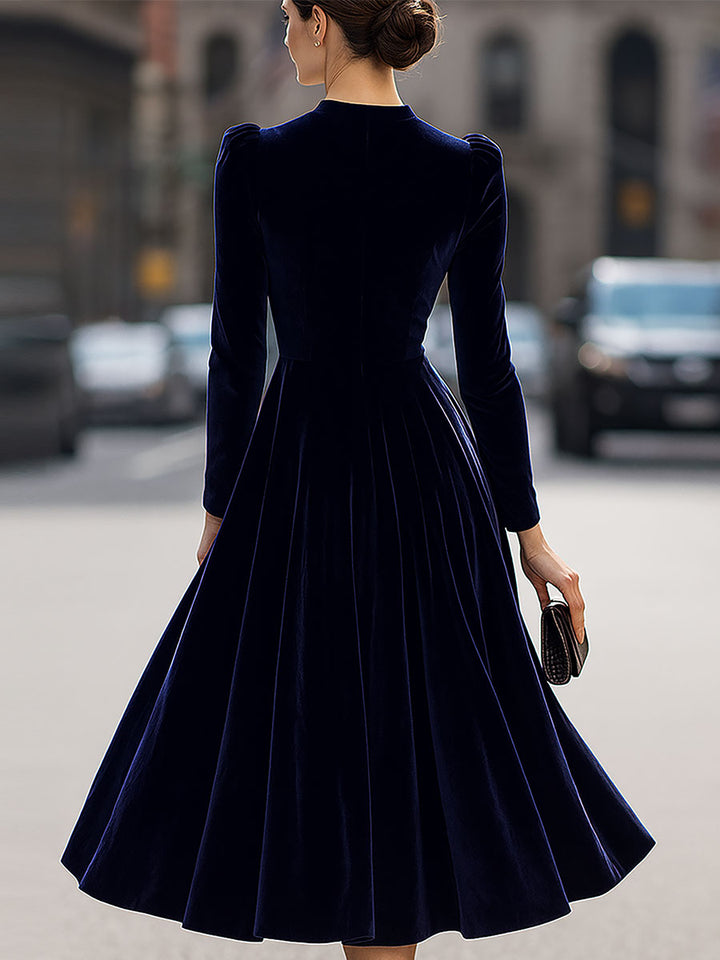 Women's A-Line Long-Sleeve Midi Dress in Navy. Perfect elegant formal dress for special occasions.