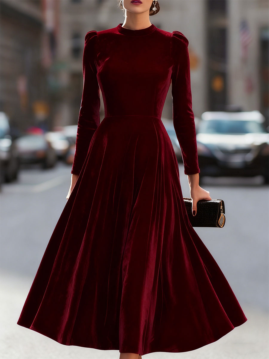 Burgundy A-Line Midi Wedding Guest Dress with Long Sleeves. Autumn/winter fashion formal wear.