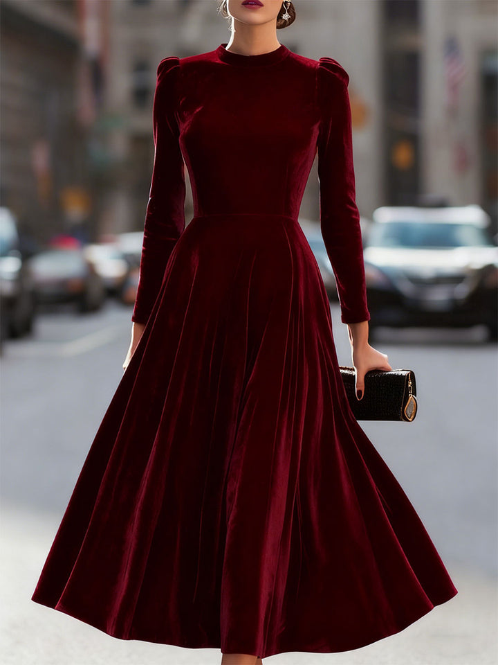 Burgundy A-Line Midi Wedding Guest Dress with Long Sleeves. Autumn/winter fashion formal wear.
