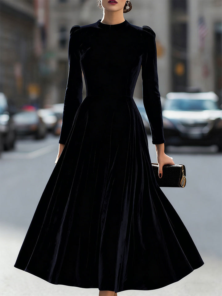 Royal Blue A-Line Midi Dress, long sleeves. Flattering elegant formal dress for evening wear.