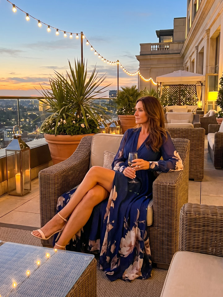 Stylish women's printed evening gown, navy blue, with sheer long sleeves and a sophisticated plunge V-neck. Special occasion.