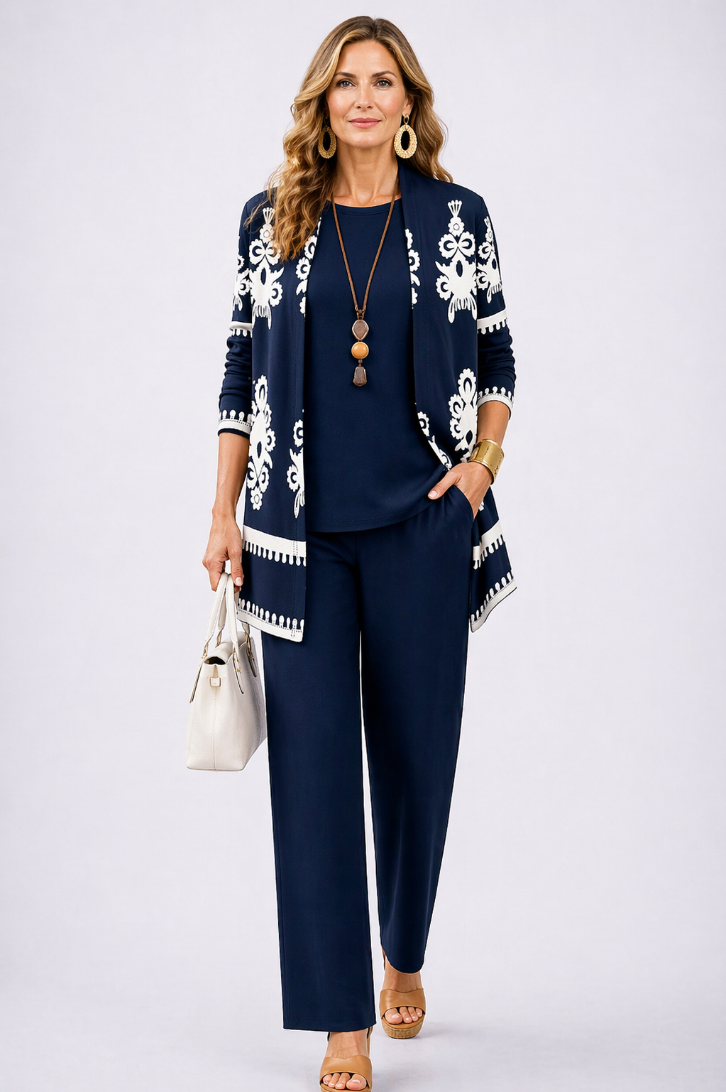 Elegant navy blue women's 3-piece outfit set with long cardigan, tank top & wide-leg pants. Perfect for spring & autumn.