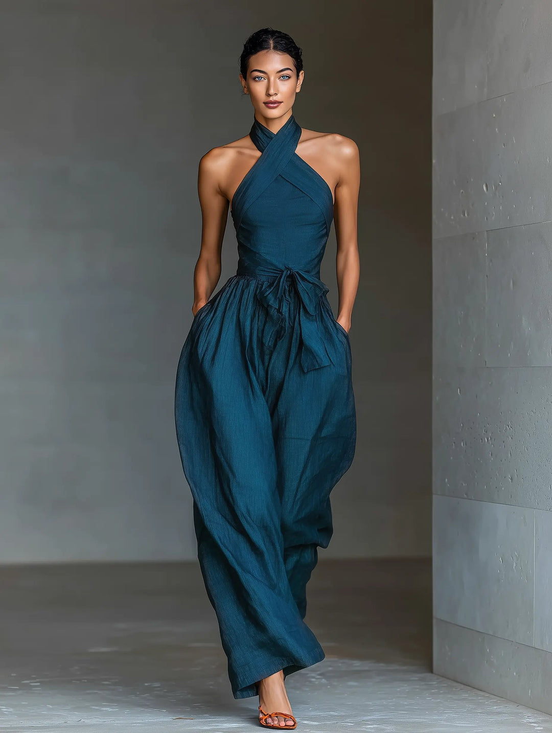 Flowy navy women's halter wide-leg jumpsuit. Effortless style, comfortable for day to night wear & summer fashion.