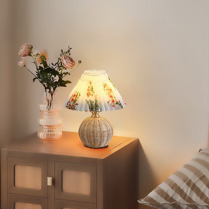 Modern LED table lamp with rattan base, USB powered, perfect for bedroom & living room.