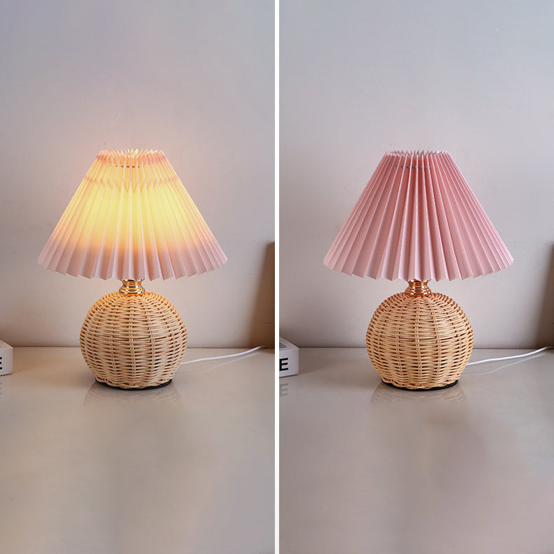 Bedroom rattan LED table lamp, elegant Nordic design with fabric shade, USB powered.