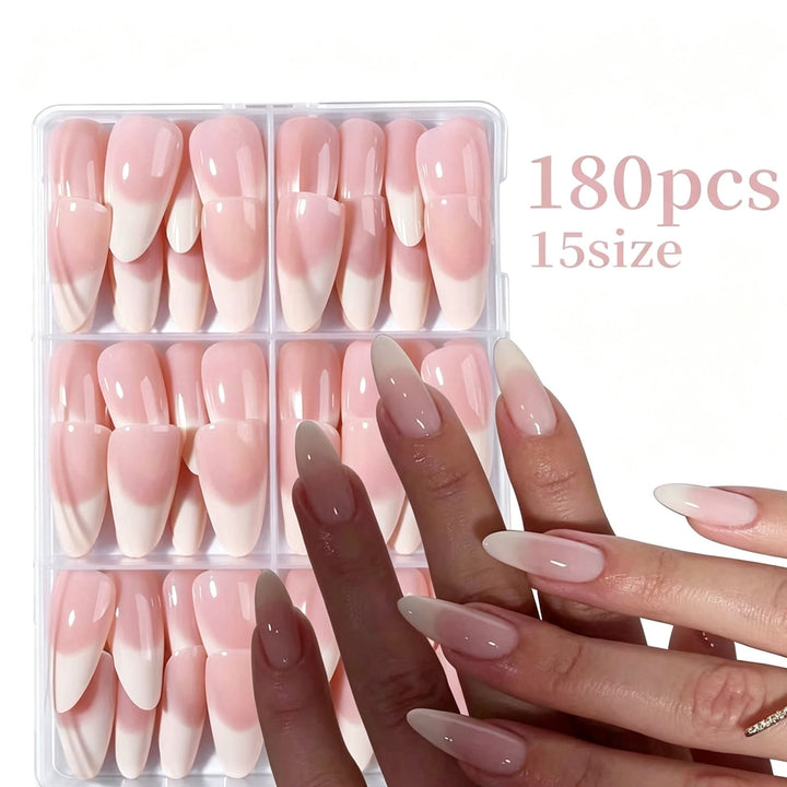 Elegant nude pink press-on nail tips for women, perfect for a quick and beautiful at-home manicure.