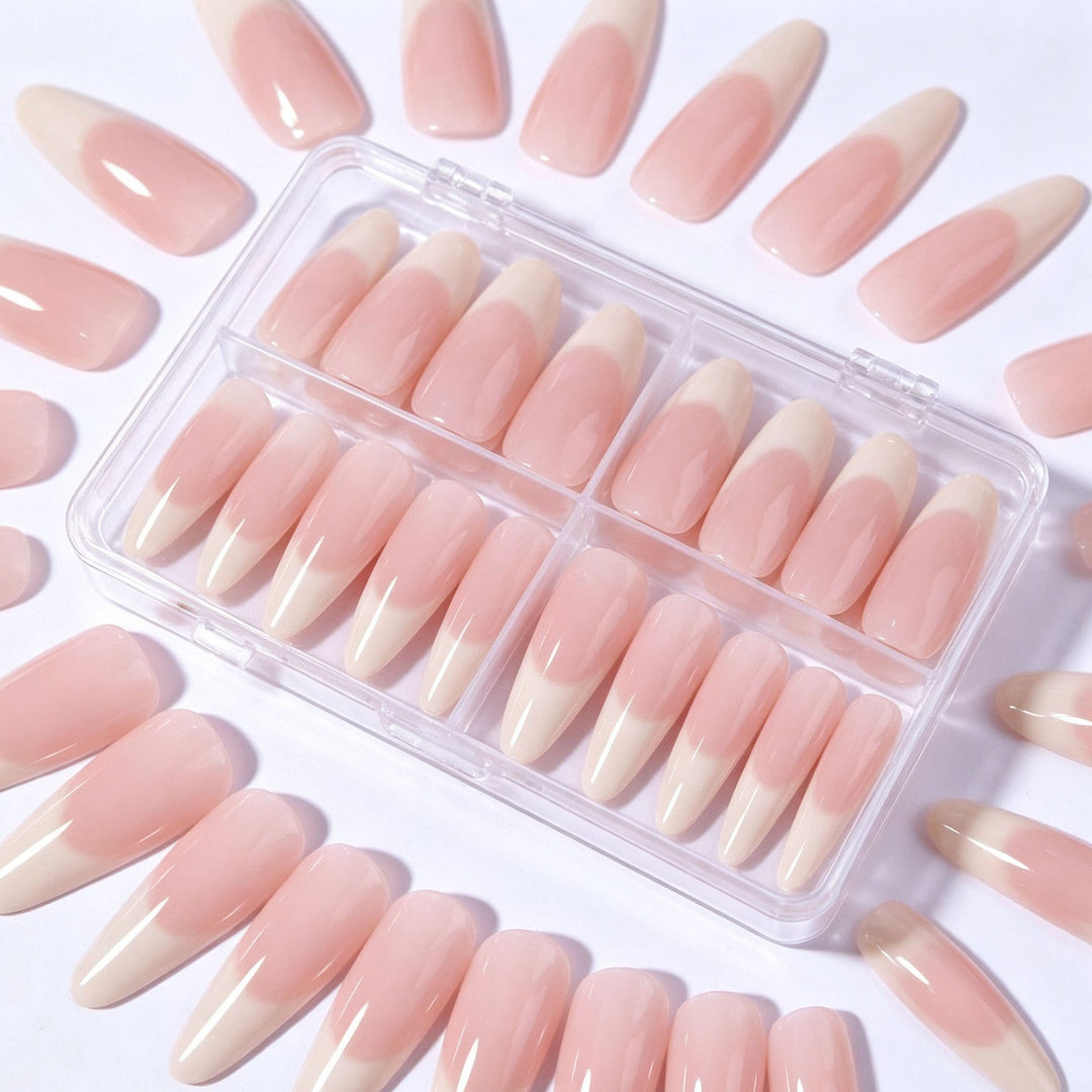 Artificial false nail tips in elegant style for women's at-home salon manicure. Quick press-on beauty.