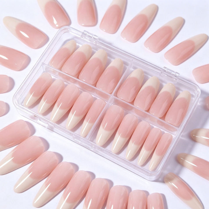 Artificial false nail tips in elegant style for women's at-home salon manicure. Quick press-on beauty.