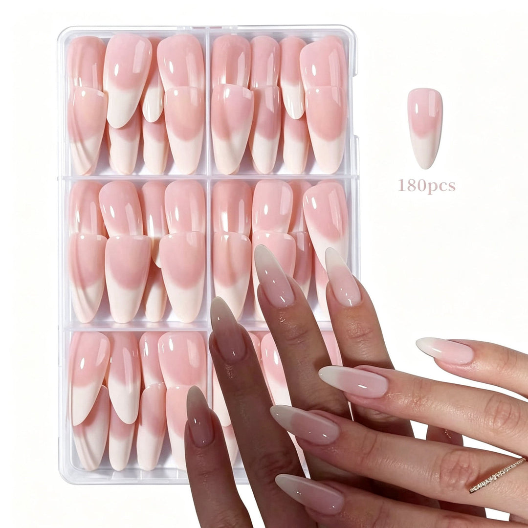 Elegant false nail tips for women, ready to press-on. Nude pink artificial nails for a beautiful home manicure.