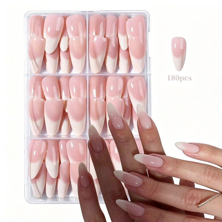 Elegant false nail tips for women, ready to press-on. Nude pink artificial nails for a beautiful home manicure.