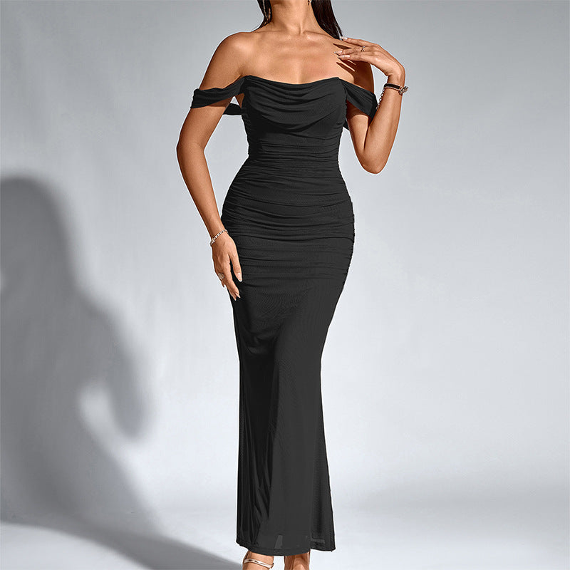 Women's formal mermaid gown, off-shoulder and backless, ideal for evening wear.