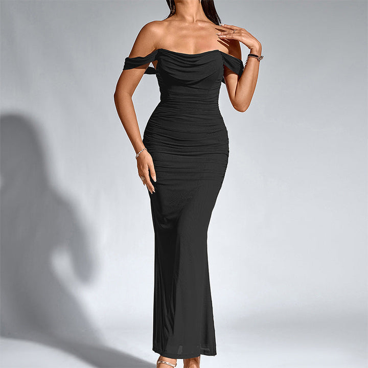 Women's formal mermaid gown, off-shoulder and backless, ideal for evening wear.