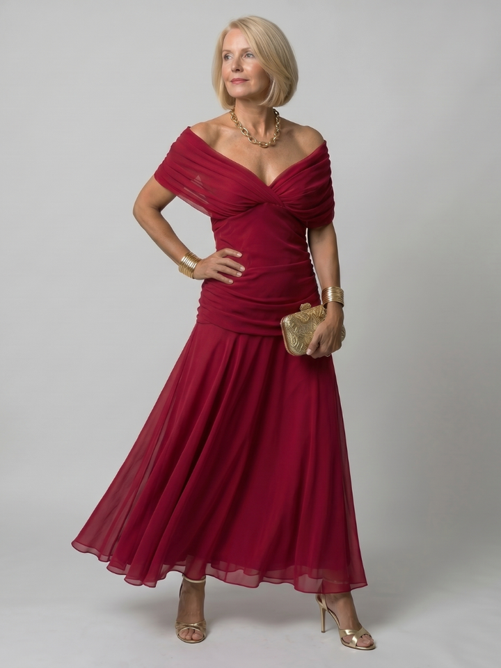 Women's red off-shoulder midi dress, a flowy and elegant option for party occasions.