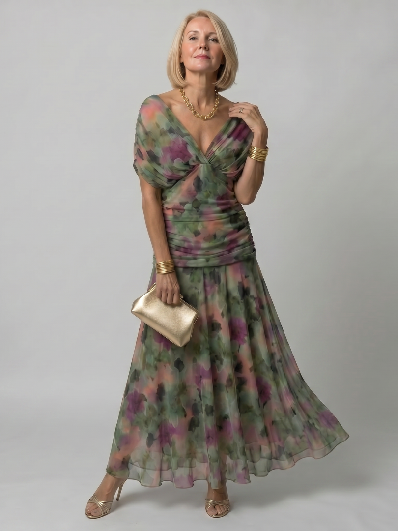 Stylish off-shoulder elegant midi dress, a flowing design perfect for parties or evenings.