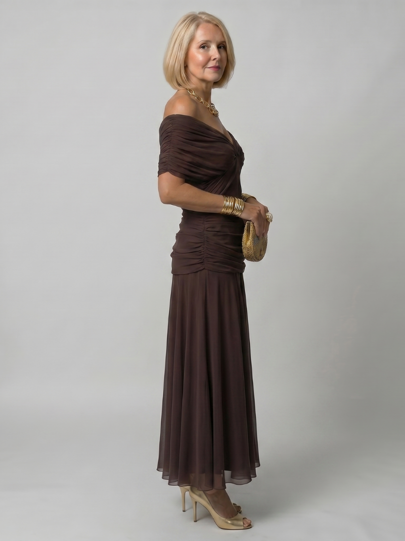 Elegant off-shoulder midi dress for women, a comfortable flowing style in vibrant red.