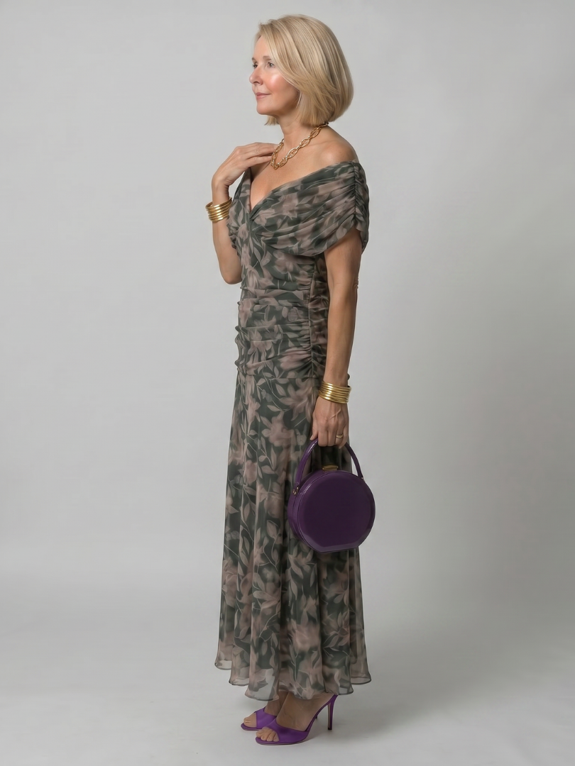 Comfortable green off-shoulder flowy midi dress, perfect for women's casual outings.