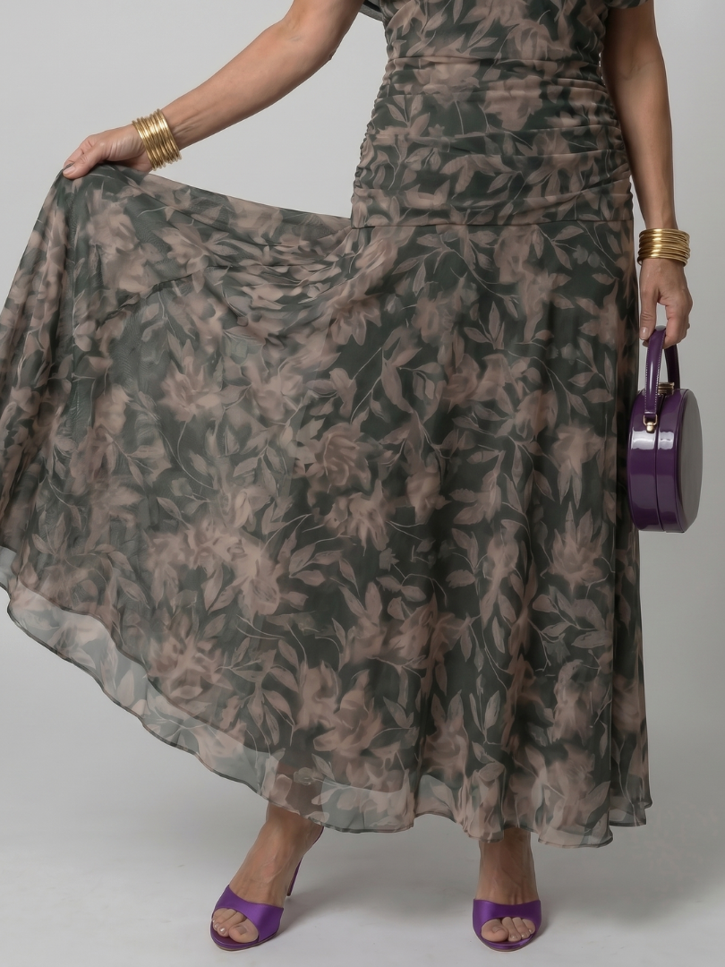 Elegant off-shoulder midi dress with a draped neckline, offering effortless style.