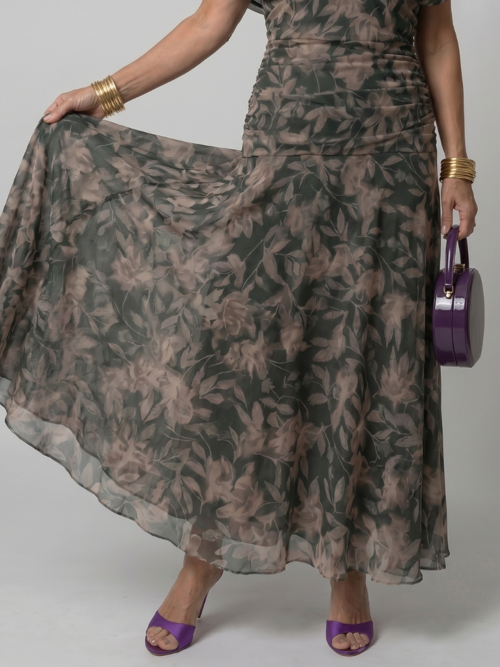 Elegant off-shoulder midi dress with a draped neckline, offering effortless style.