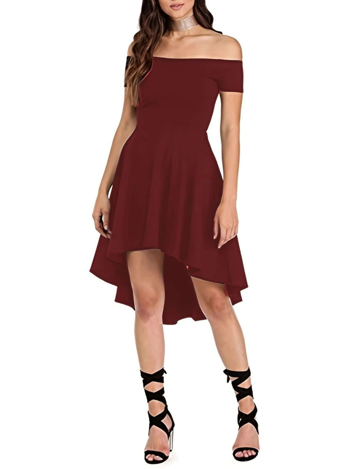 Elegant women's off-shoulder high-low party dress, a stylish formal gown for evening wear.