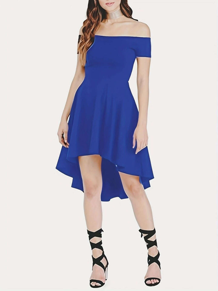 Women's chic off-shoulder high-low dress, elegant occasion wear with a flattering silhouette.