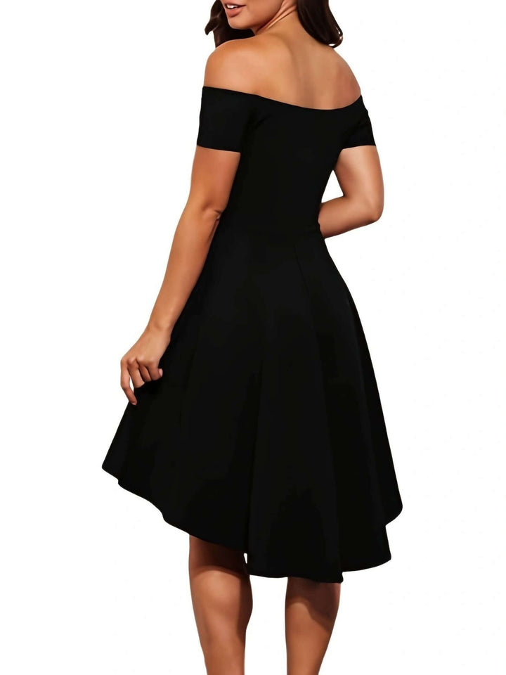 Elegant women's off-shoulder high-low dress with a flattering silhouette, perfect for formal parties.
