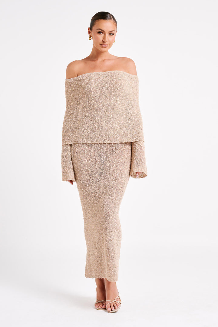 Sleek off-shoulder long sleeve maxi dress, a refined choice for women's evening glamour.