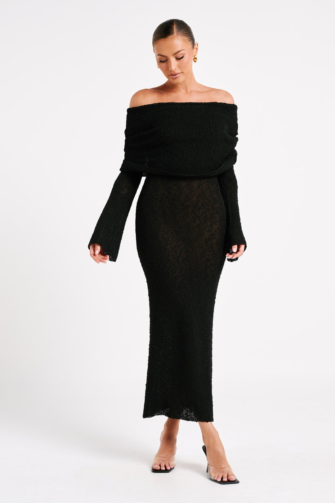 Occasion-ready off-shoulder long sleeve maxi dress, perfect for women's evening celebrations.