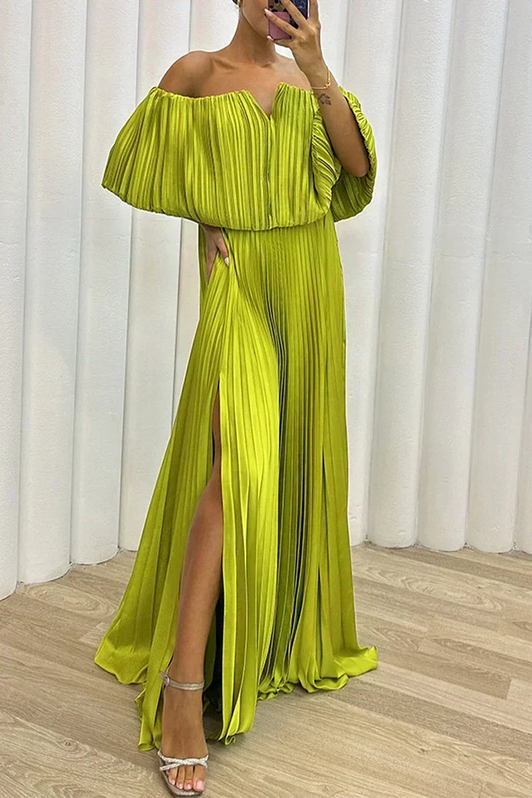 Elegant off-shoulder pleated maxi dress, perfect for wedding guests or formal evening events.