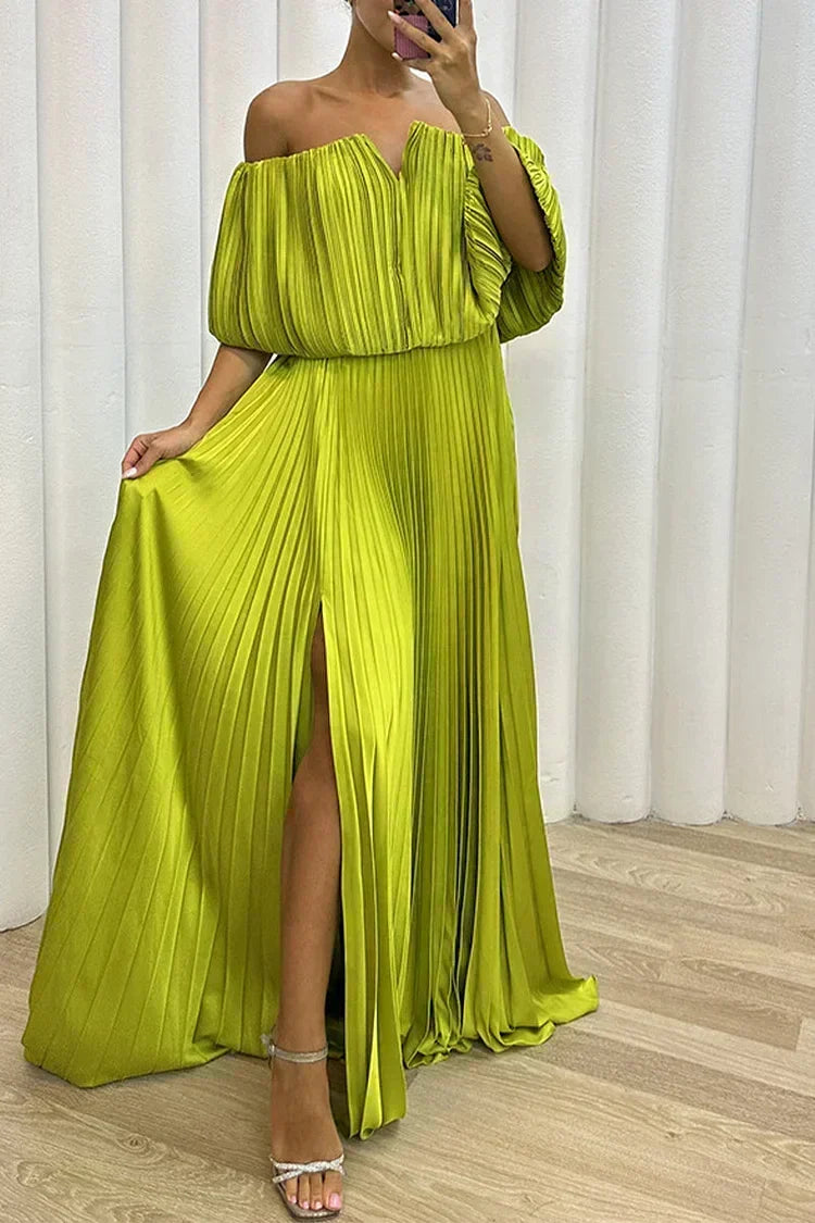 Burgundy off-shoulder pleated maxi dress. Chic formal evening gown for galas and special occasions.