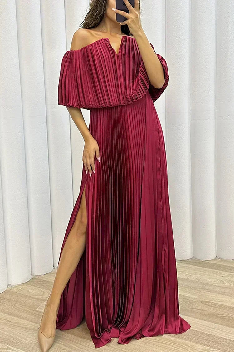 Stunning yellow off-shoulder long pleated dress, ideal as a wedding guest dress or for formal parties.