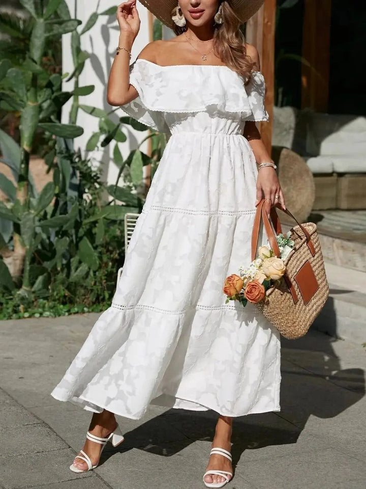 Elegant off-shoulder ruffle maxi dress for women, perfect for summer holidays & parties.