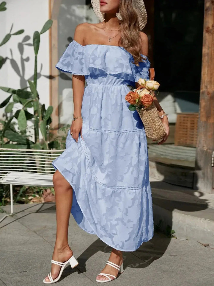 Chic bardot style off-shoulder ruffle maxi dress, perfect occasion wear for summer.
