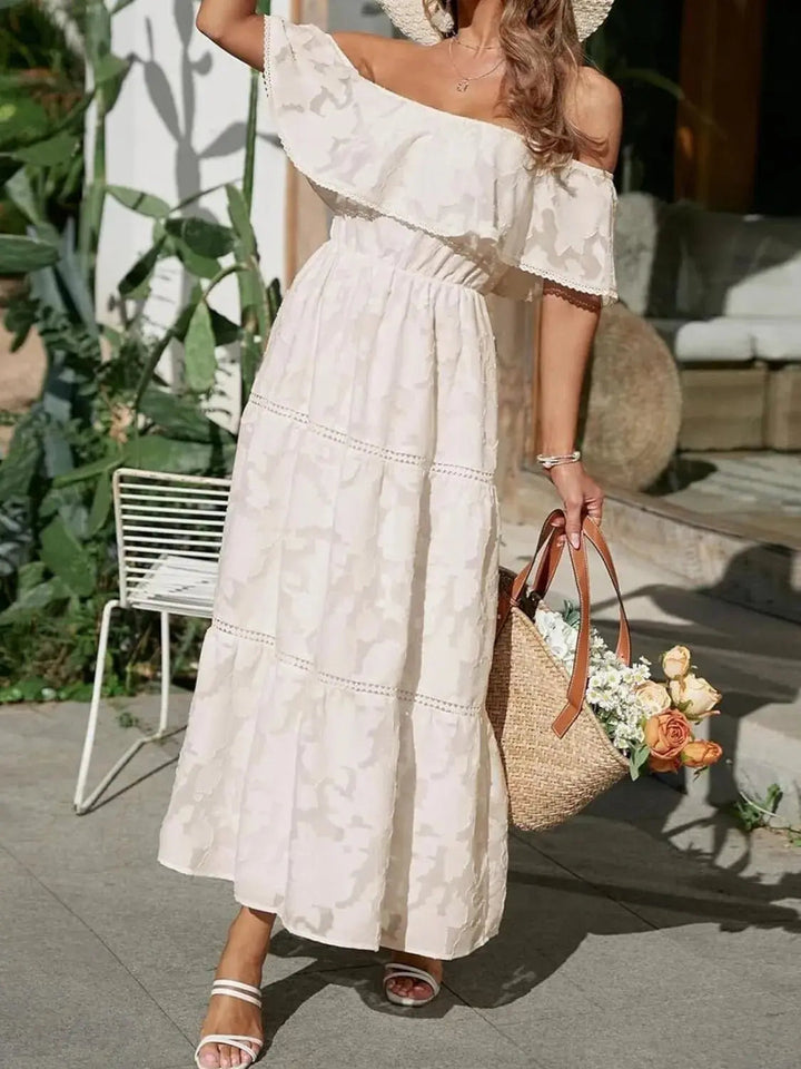 Effortless women's off-shoulder summer maxi dress with delicate ruffles & tiered design.