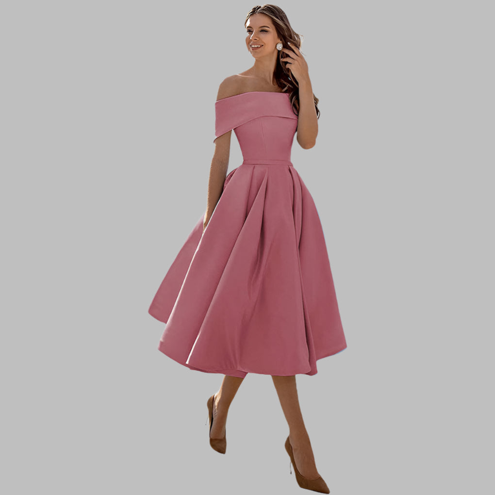 New elegant off-shoulder vintage A-line evening gown, perfect for any special event.