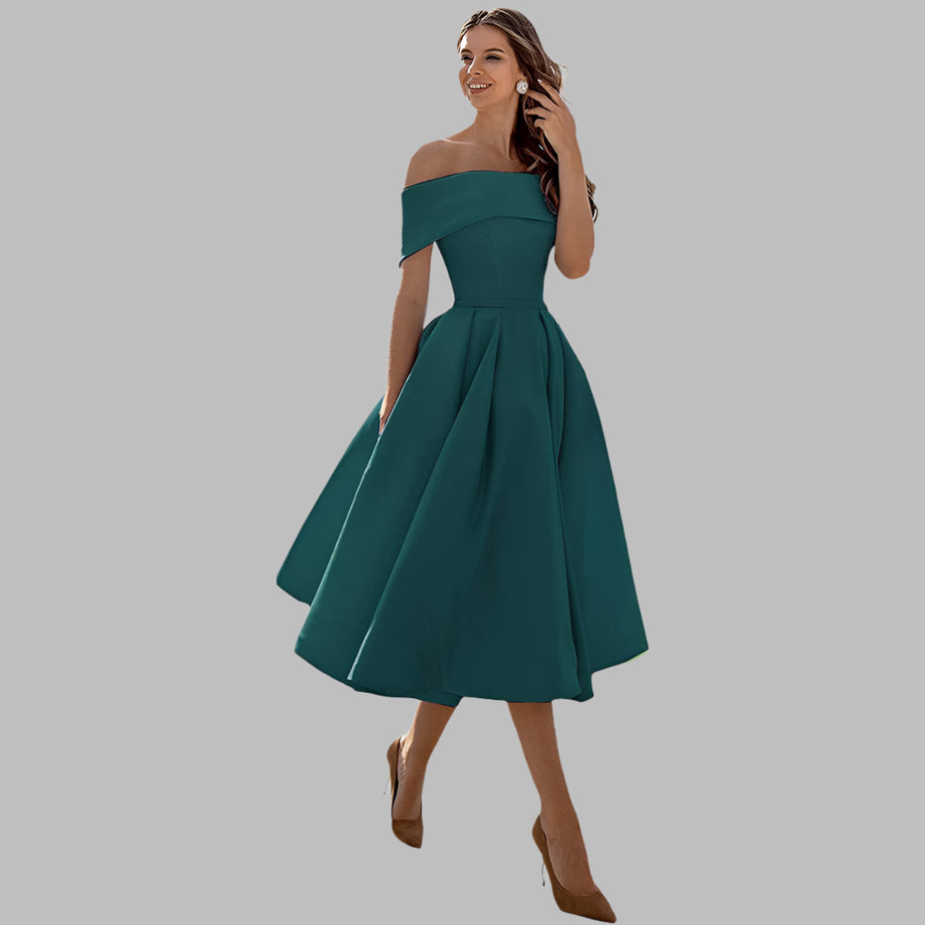 Off-shoulder vintage tea-length prom dress for women, with a graceful A-line cut.