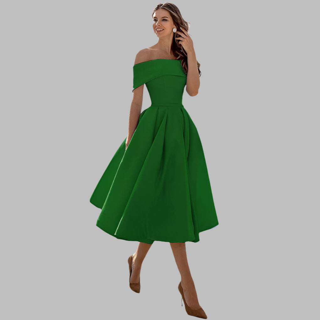 Formal off-shoulder A-line prom dress, showcasing elegant vintage detailing.