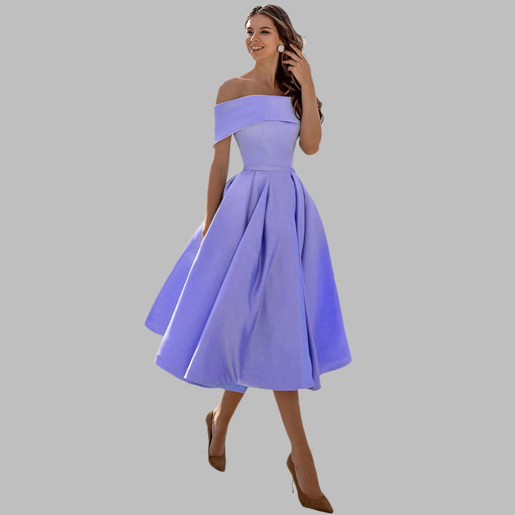 Sophisticated off-shoulder A-line prom & evening dress, exuding vintage charm.