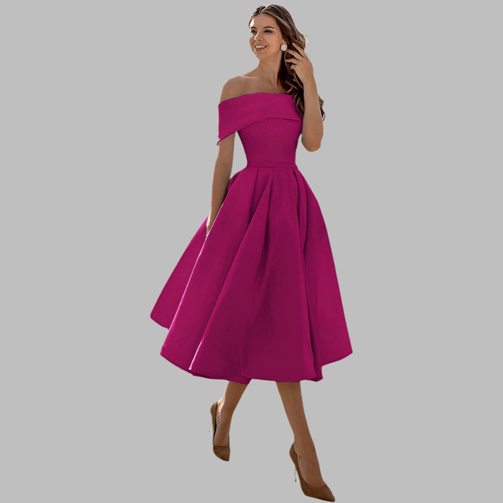 Elegant off-shoulder A-line bridesmaid gown, a vintage-inspired formal dress option.