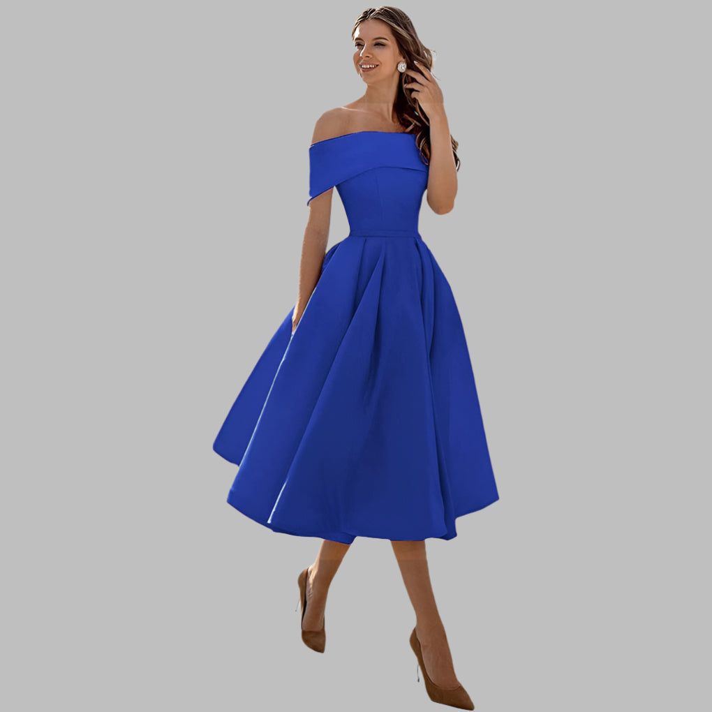 Elegant off-shoulder A-line women's prom dress with a flattering vintage appeal.