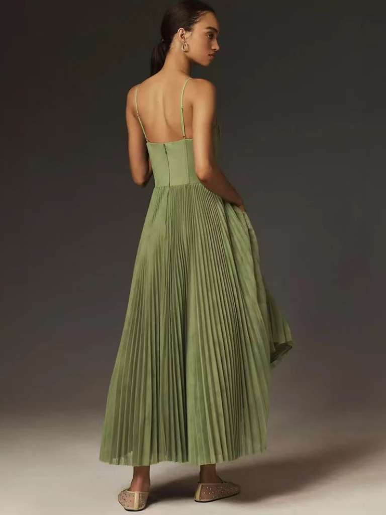 Women's special occasion pleated maxi dress in olive green. Elegant, flowing & sleeveless, perfect for formal events.