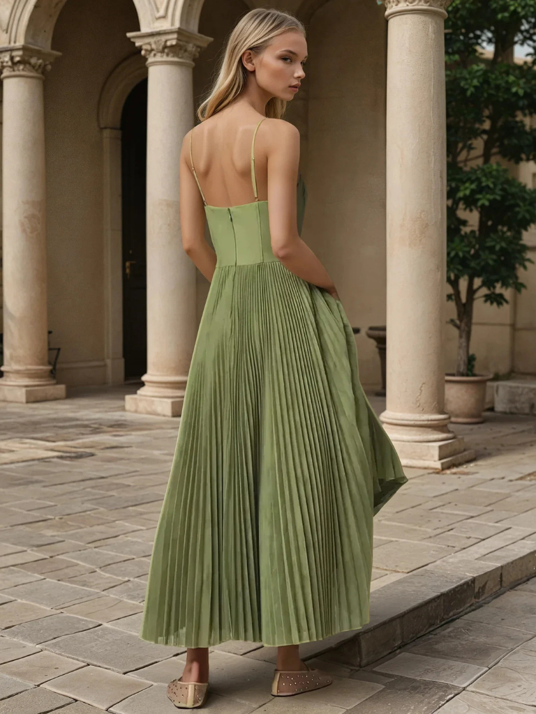 Sleeveless pleated maxi dress for women, ideal as an elegant evening gown or formal wedding guest attire.