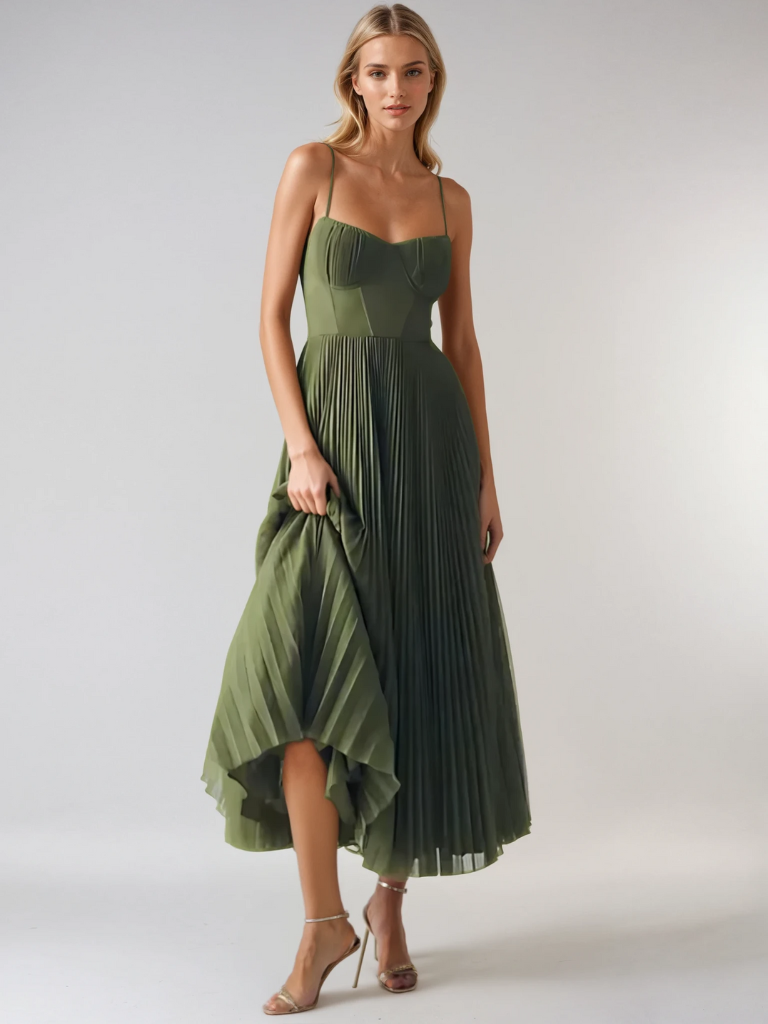 Elegant women's flowing pleated maxi dress in olive green. Comfortable sleeveless design for special occasions.
