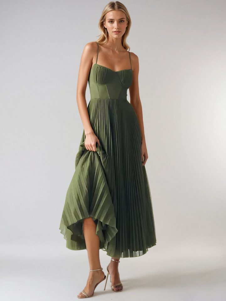 Elegant women's flowing pleated maxi dress in olive green. Comfortable sleeveless design for special occasions.