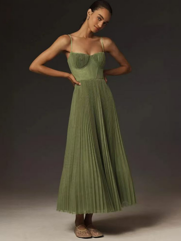 Chic olive green women's pleated maxi dress. Elegant sleeveless evening gown, perfect for formal occasions.