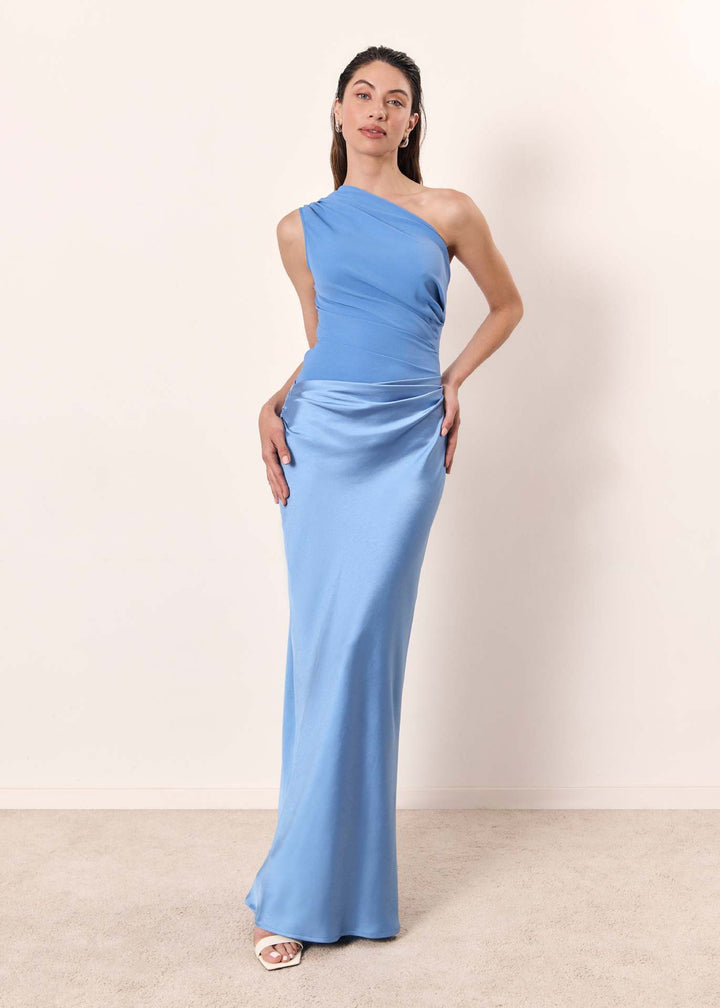 Sleek one-shoulder evening dress for women. Modern formal wear, perfect for wedding guests & elegant events.