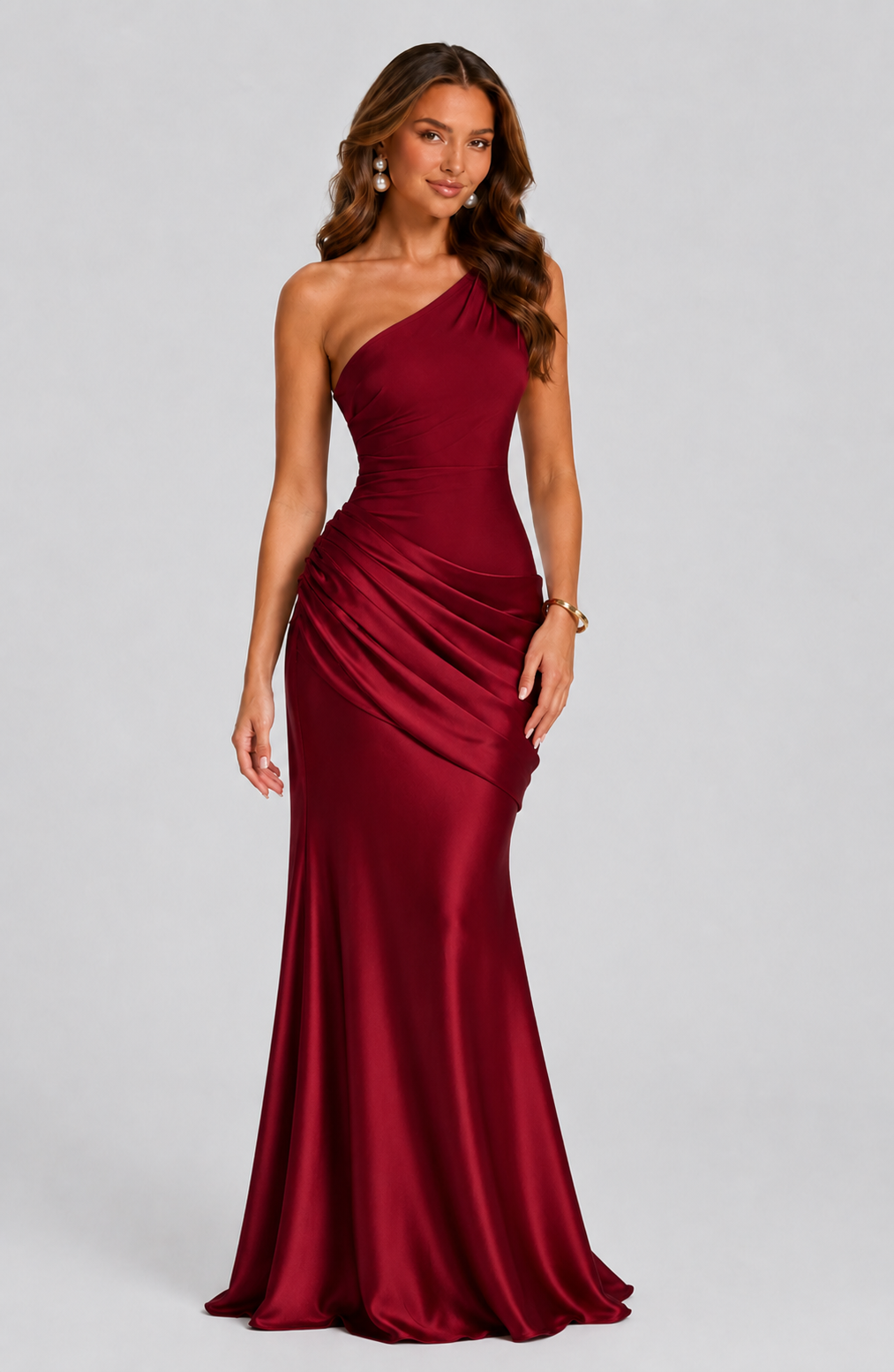 Elegant one-shoulder maxi dress for women, featuring a sophisticated draped waist and flowing silhouette.