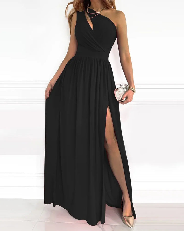 Elegant one-shoulder maxi dress for women, perfect as a sophisticated wedding guest gown or formal evening wear.