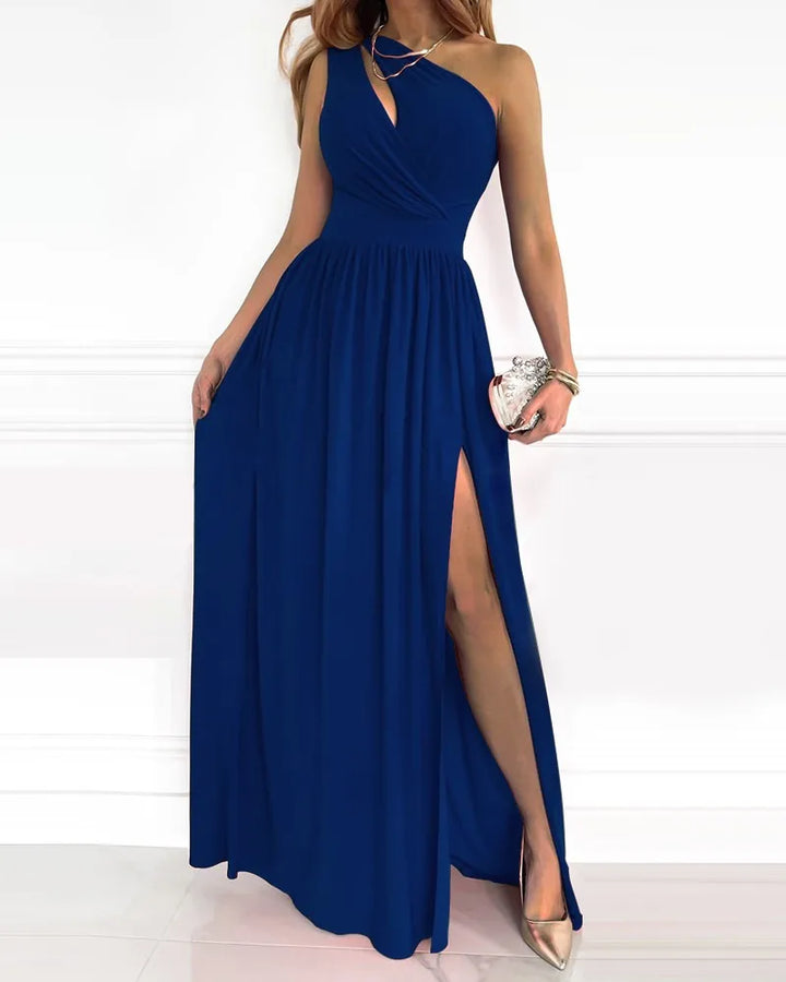 Chic long one-shoulder gown, an elegant women's maxi dress designed for wedding guests & evening events.