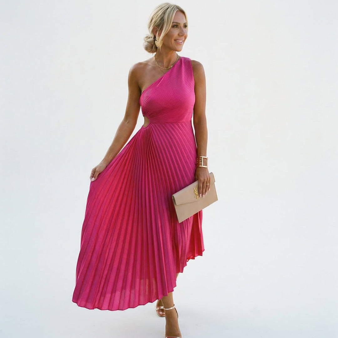 Elegant one-shoulder pleated maxi dress for women, perfect for wedding guests & formal evening parties.