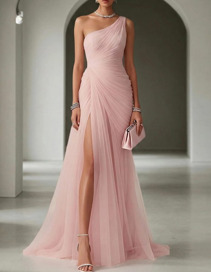 Elegant one-shoulder pleated maxi dress for women, perfect as a wedding guest or formal evening gown.